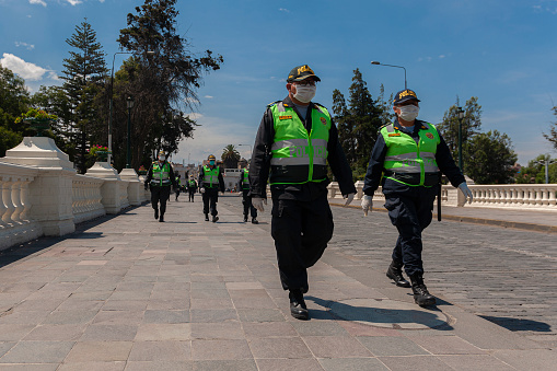 May 13, 2020: Police and military guard the streets of Arequipa, enforce the sanitary measures assigned by the government of Peru