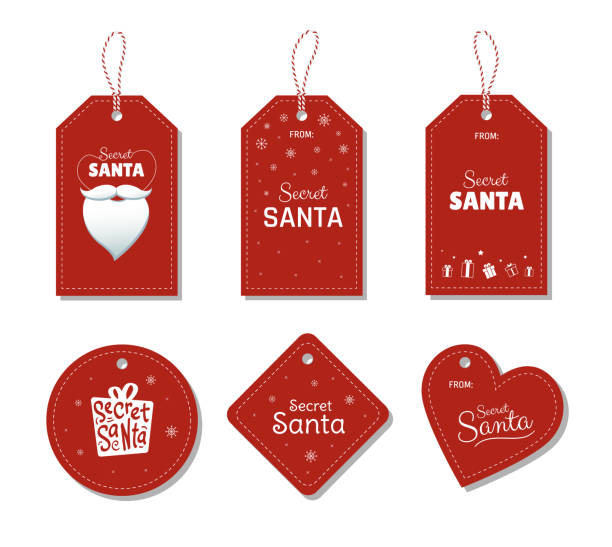 Set of red Christmas tags for Secret Santa gift exchange. Greeting card collection design template with gift, Santa's beard and snowflakes. - Vector illustration Set of red Christmas tags for Secret Santa gift exchange. Greeting card collection design template with a gift, Santa's beard, and snowflakes. - Vector office parties stock illustrations