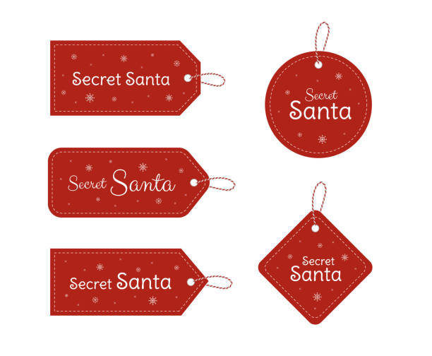 geheime santa rote tags design-vorlage auf weißem hintergrund. weihnachts-geschenk-tags-sammlung mit schneeflocken und kleiderbügel. - vektor-illustration - geschenkkarte stock-grafiken, -clipart, -cartoons und -symbole