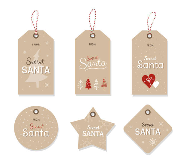 Secret Santa gift exchange. Set of cute Christmas tags with hand-drawn Christmas tree, hearts, and snowflakes.  - Vector illustration Secret Santa gift exchange cards on white background. Set of cute Christmas tags with hand-drawn Christmas tree, hearts, and snowflakes.  - Vector illustration office christmas party stock illustrations