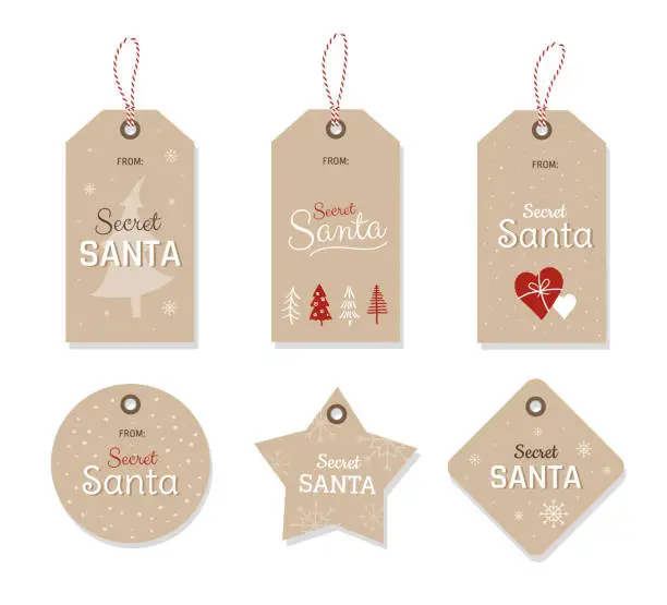 Vector illustration of Secret Santa gift exchange. Set of cute Christmas tags with hand-drawn Christmas tree, hearts, and snowflakes.  - Vector illustration