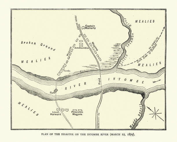 Vintage illustration of Plan of the Battle of Intombe, (also Intombi or Intombi River Drift) was an action fought on 12 March 1879, between Zulu troops and British soldiers defending a supply convoy. Anglo Zulu war