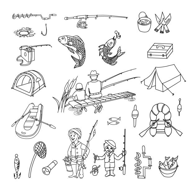 ilustraciones, imágenes clip art, dibujos animados e iconos de stock de conjunto de doodle de pesca - aparejo de pesca ilustraciones