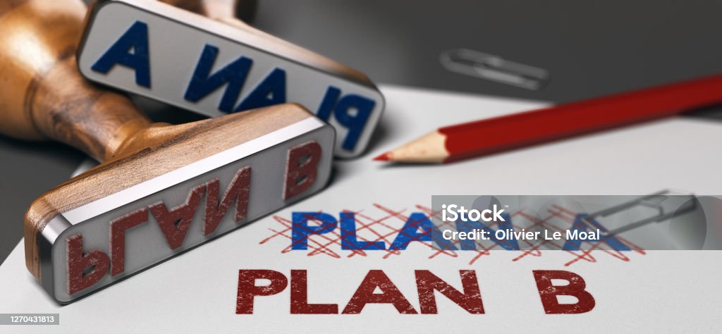 Adapting strategy. Having a plan b in case of emergency. 3D illustration of two rubber stamps withe the words plan b and a printed on a sheet of paper. Strategy concept. Unexpected Stock Photo