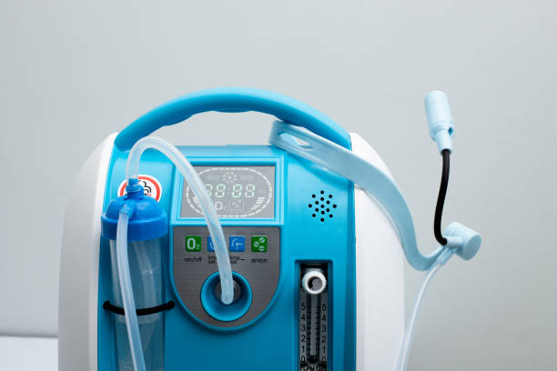 Oxygen concentrator bar gauge measurement liter Medical Device Individual Blue White portable oxygen cylinder to put gas for patients with respiratory disorders, nose release head held oxygen photos stock pictures, royalty-free photos & images