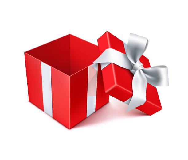 ilustraciones, imágenes clip art, dibujos animados e iconos de stock de caja de regalo roja abierta con lazo de plata - white background gift christmas wrapping paper