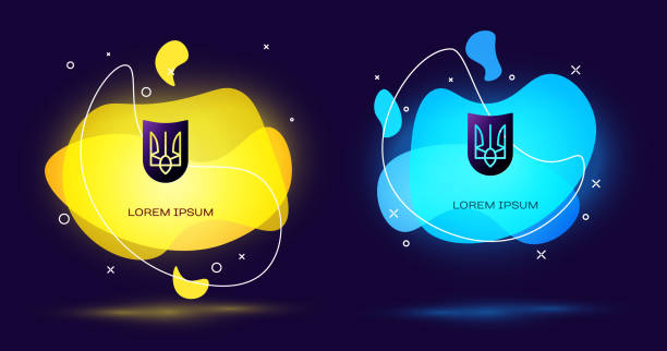 czarny godło ukrainy ikona izolowane na czarnym tle. ukraiński trójząb. abstrakcyjny baner z płynnymi kształtami. wektor - ukraine trident ukrainian culture coat of arms stock illustrations