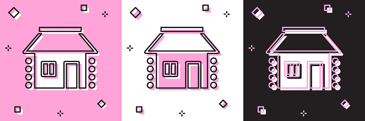 Set Old Ukrainian house hut icon isolated on pink and white, black background. Traditional village house. Vector.