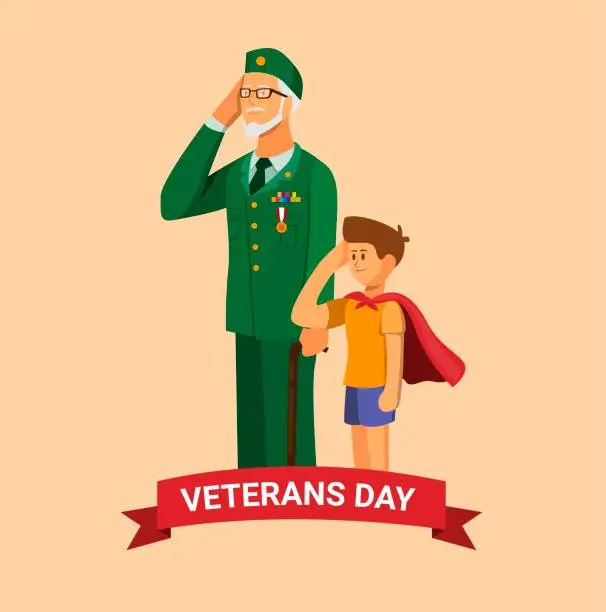 Vector illustration of Veterans day. army veteran with grandchild giving salute and respect to national flag celebration symbol in cartoon illustration vector
