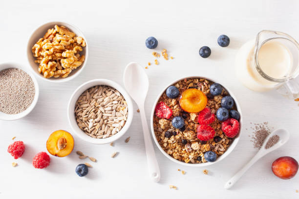 istock healthy granola for breakfast with berry fruit nut, plant milk 1270437732