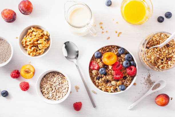 istock healthy granola for breakfast with berry fruit nut, plant milk 1270437767