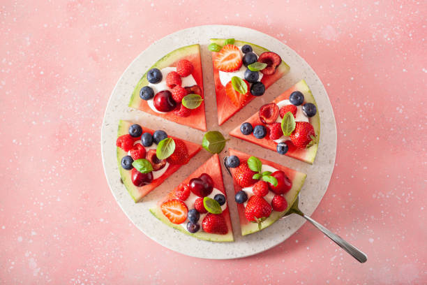 istock watermelon pizza slices with yogurt and berries, summer dessert 1270438031