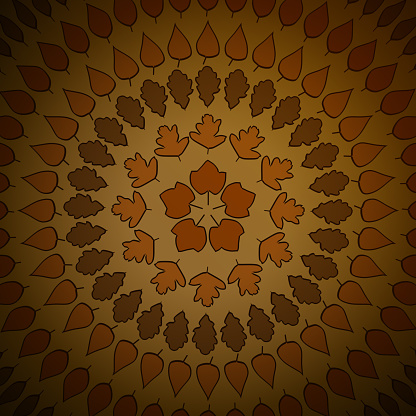 Brown autumn leaves in a kaleidoscopic illustration. Various types of leafs spinning in a vortex.
