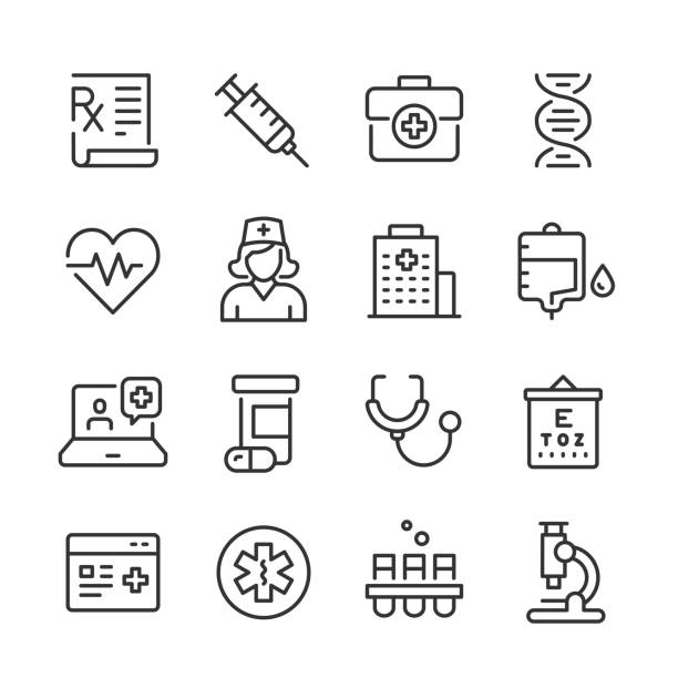 Healthcare & Medicine Icons — Monoline Series Vector outline icon set appropriate for web and print applications. Designed in 48 x 48 pixel square with 2px editable stroke. Pixel perfect. nurse stock illustrations