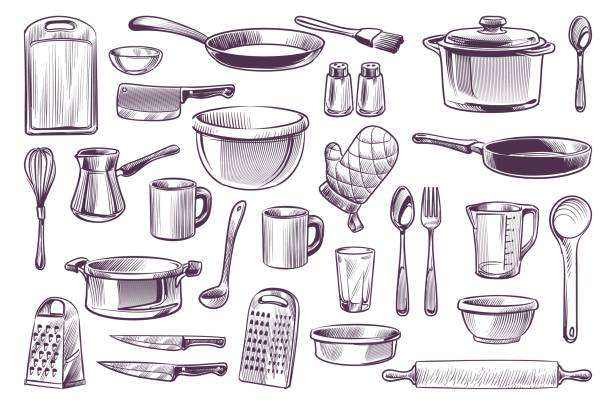 Sketch cooking equipment. Hand drawn doodle kitchen utensils set cooking pot and knife, spoon and cup, cutting board engraving style gastronomy culinary vector isolated collection Sketch cooking equipment. Hand drawn doodle kitchen utensils set cooking pot and knife, fork and frying pan, spoon and cup, cutting board engraving style gastronomy culinary vector isolated collection cooking utensil stock illustrations