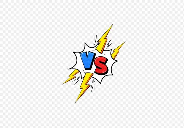 Vector illustration of Vs comic book frame. Versus blue and red emblem and yellow lightning letters for battle game duel or fight competition cartoon style, flat vector illustration on transparent background