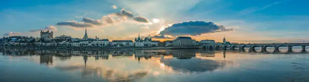 A panorama of Saumur focused on the river Loire and its landmarks.
