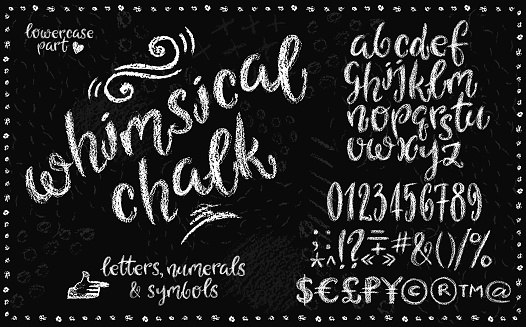 Whimsical chalk alphabetical set of lowercase english letters, numerals, special symbols, money signs