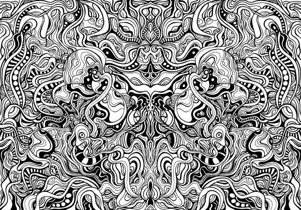 ilustrações de stock, clip art, desenhos animados e ícones de black and white shamanic abstract symmetrical psychedelic ornaments coloring page. vector decorative monochrome background with many intricate line pattern. - fractal pattern mandala art