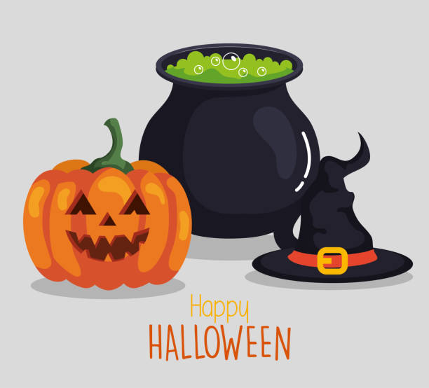 счастливый хэллоуин баннер с котлом, шляпа ведьма и тыква - kitchen utensil gourd pumpkin magical equipment stock illustrations