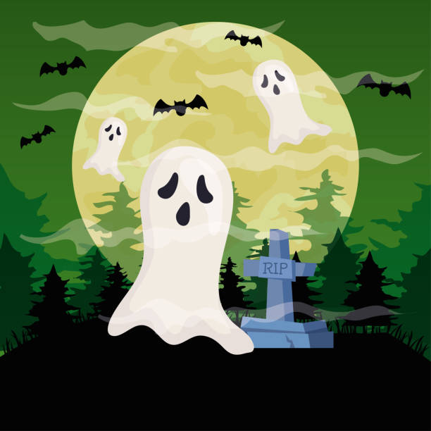 istock happy halloween banner with ghosts in cemetery scene 1270448667