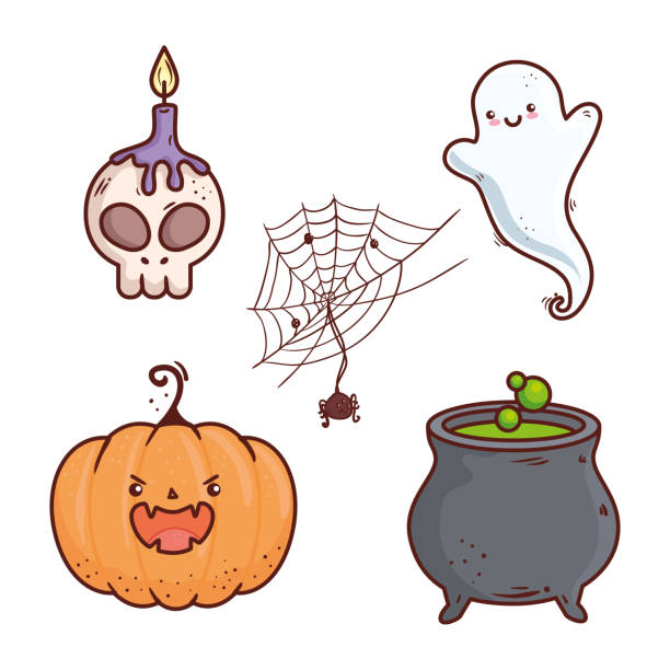 иконы набор счастливы хэллоуин празднования - kitchen utensil gourd pumpkin magical equipment stock illustrations