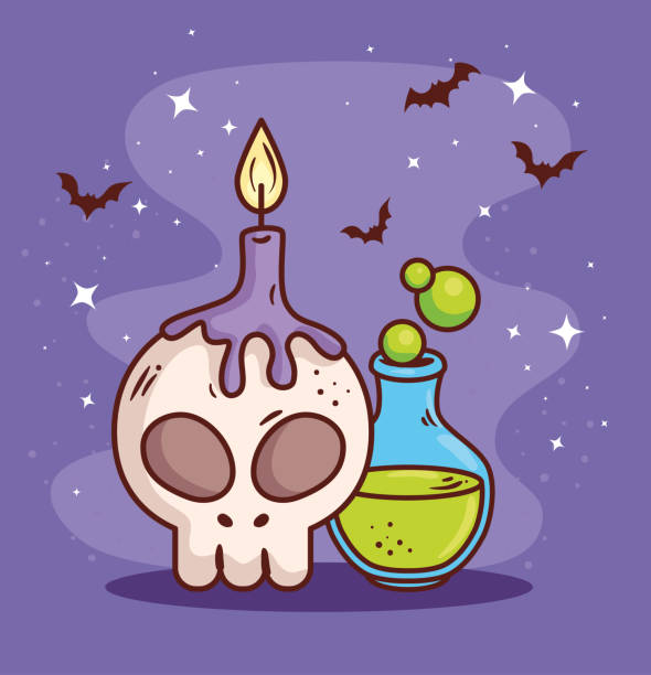 ilustrações, clipart, desenhos animados e ícones de feliz banner de halloween e crânio, vela e magia posion - posion
