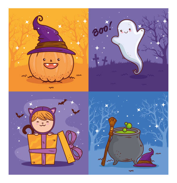 установить баннеры счастливого хэллоуина - kitchen utensil gourd pumpkin magical equipment stock illustrations