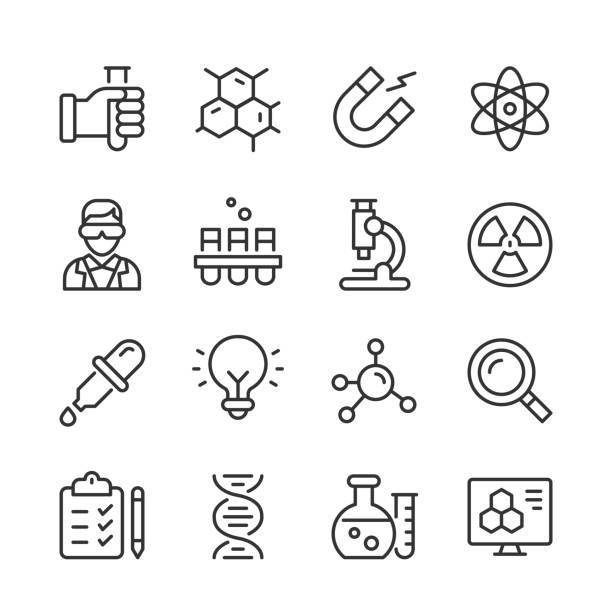 Science Icons — Monoline Series Vector outline icon set appropriate for web and print applications. Designed in 48 x 48 pixel square with 2px editable stroke. Pixel perfect. science research stock illustrations
