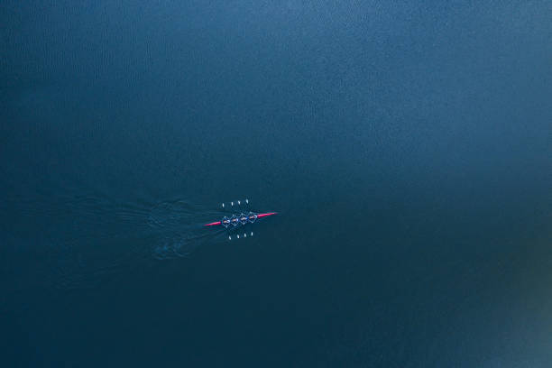 barco coxed cuatro remeros remando en la vista aérea del río azul - remo de competición fotografías e imágenes de stock