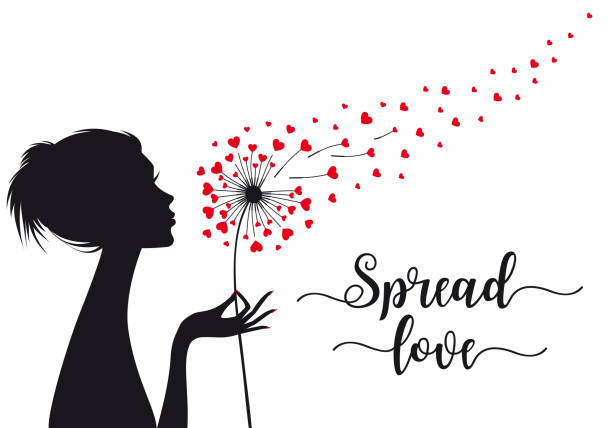 Spread love, woman holding dandelion with hearts, vector illustration Spread love, woman holding dandelion flower with flying hearts, vector illustration for cards, art prints, wall art wind silhouettes stock illustrations