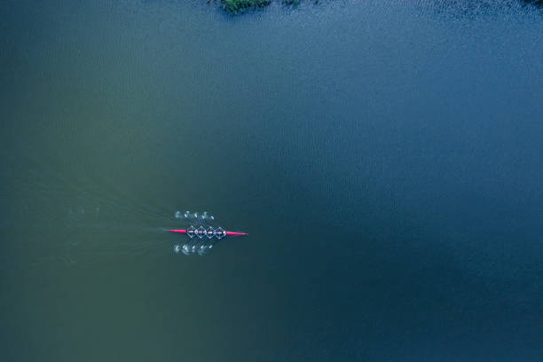 łódź coxed czterech wioślarzy wioślarstwo na rzece z lotu ptaka - team sport rowboat sports team nautical vessel zdjęcia i obrazy z banku zdjęć