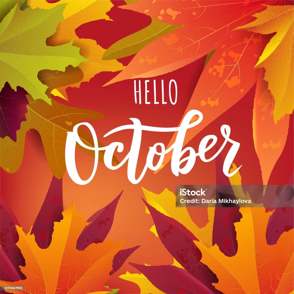 October Lettering Clipart October Text Hand Lettering Typography With Bright Autumn Leaves Vector ...