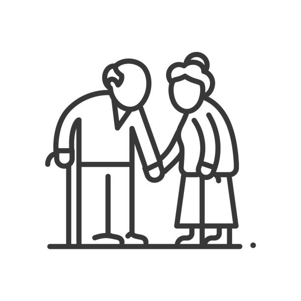 Senior couple - vector line design single isolated icon Senior couple - vector line design single isolated icon on white background. High quality black pictogram. Image of retired man and woman with walking cane. Elderly people care, aging process concept aging process stock illustrations