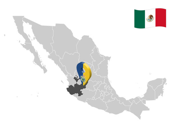 illustrazioni stock, clip art, cartoni animati e icone di tendenza di posizione di jalisco sulla mappa messico. segno di posizione 3d di jalisco. mappa di qualità con province del messico per il tuo design. eps10. - belgium map flag three dimensional shape