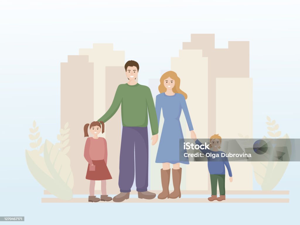 Portrait Of A Happy Family Against The Background Of A Large City With  Highrise Buildings Daddy Mother And Two Children Son And Daughter People  Smile Notion Of Love And Family Values Vector
