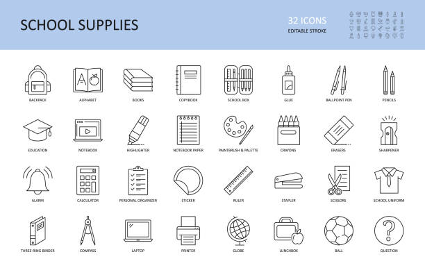 Vector school supplies icons. Editable stroke. Stationery alphabet book backpack, copybook plastic box glue stick. Ballpoint pen pencil crayon, scissors stapler ruler notebook paper highlighter globe Vector school supplies icons. Editable stroke. Stationery alphabet book backpack, copybook plastic box glue stick. Ballpoint pen pencil crayon, scissors stapler ruler notebook paper highlighter globe. stapled paper stock illustrations