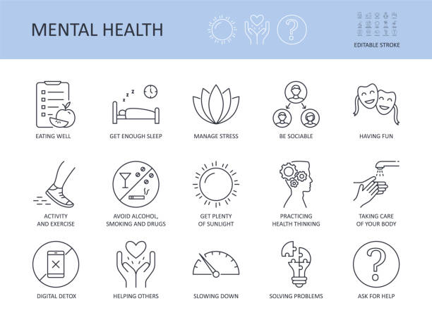Icons 15 top tips for good mental health. Editable stroke. Get enough sleep eating well. Avoid alcohol, smoking manage stress. Activity and exercise sociability taking care of your body digital detox Icons 15 top tips for good mental health. Editable stroke. Get enough sleep eating well. Avoid alcohol, smoking manage stress. Activity and exercise sociability taking care of your body digital detox. sleeping icons stock illustrations