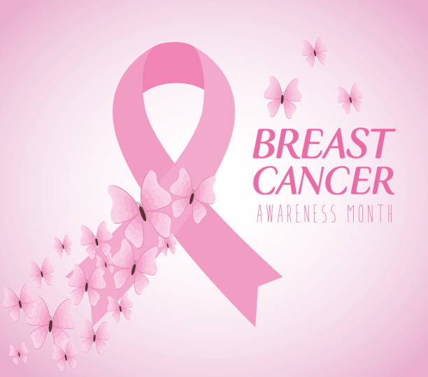 różowa wstążka, symbol miesiąca świadomości raka piersi ze dekoracją motyli - beast cancer awareness month stock illustrations
