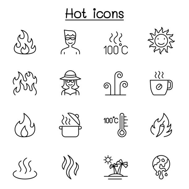 ilustrações, clipart, desenhos animados e ícones de ícone quente definido em estilo de linha fina - sun sunlight symbol flame