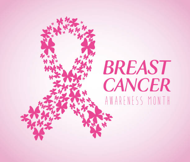 różowa wstążka, symbol miesiąca świadomości raka piersi na świecie z motylami - beast cancer awareness month stock illustrations