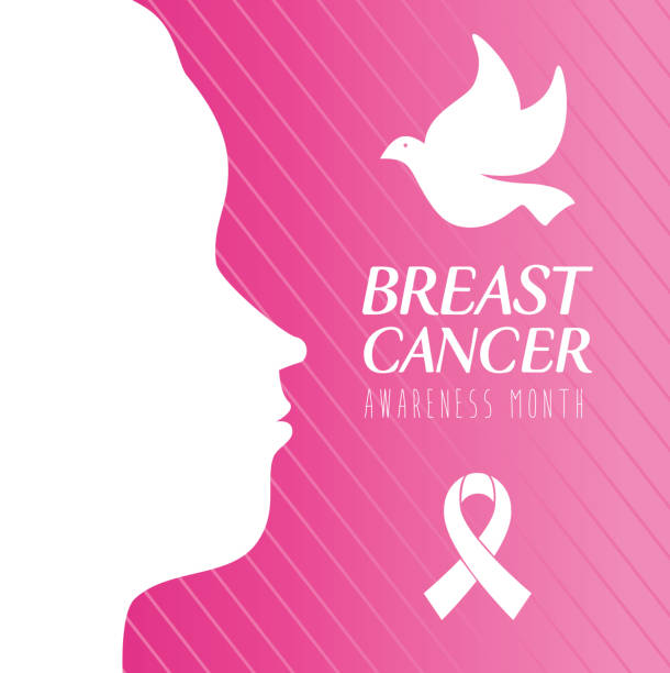 sztandar światowego miesiąca świadomości raka piersi z profilem kobiety i gołąb latania - beast cancer awareness month stock illustrations