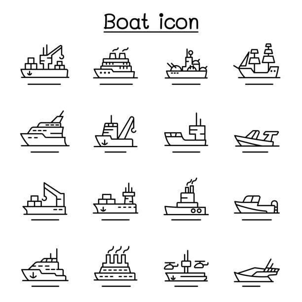 illustrations, cliparts, dessins animés et icônes de bateau, icône de navire réglé dans le modèle mince de ligne - industrial ship military ship shipping passenger ship