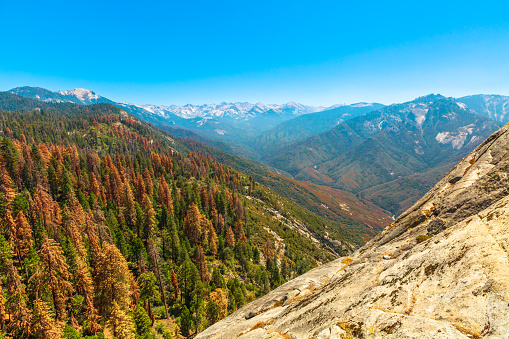 panorama of Sequoia National Park. Top of Moro Rock trail in summer in California, United States of America