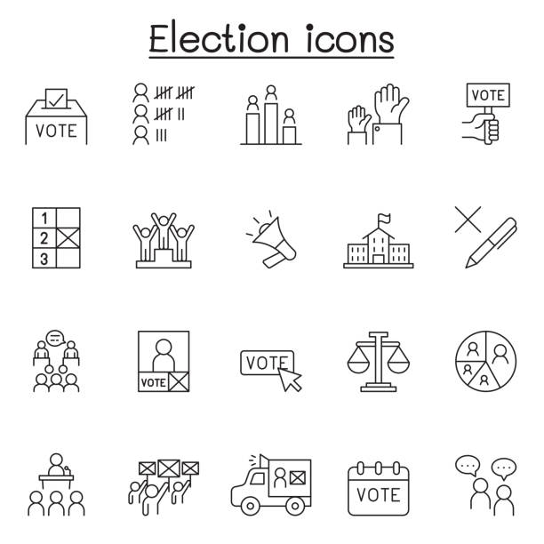 ilustraciones, imágenes clip art, dibujos animados e iconos de stock de iconos electorales establecidos en estilo de línea fina - european community audio