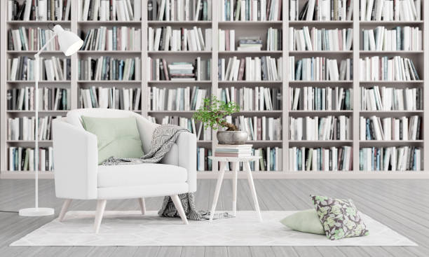 istock Living room interior design with library. White armchair with decoration. 3D Render 1270464044