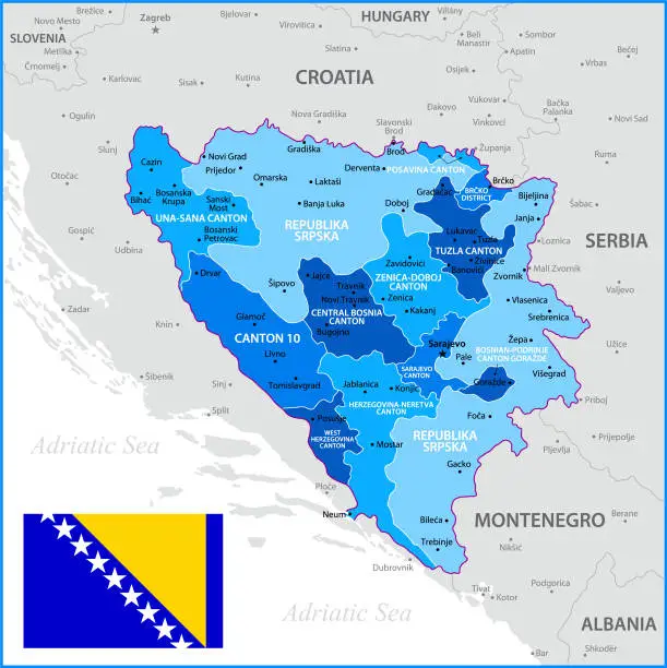 Vector illustration of Bosnia and Herzegovina Map with National Flag. Vector Blue Illustration with Regions and Capital Cities