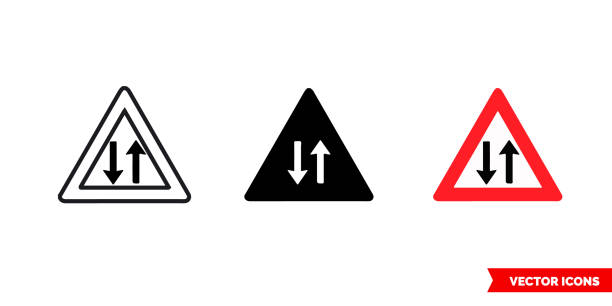 zwei-wege-verkehrszeichen-symbol von 3 typen farbe, schwarz und weiß, umriss. isoliertes vektorzeichensymbol - two way traffic stock-grafiken, -clipart, -cartoons und -symbole