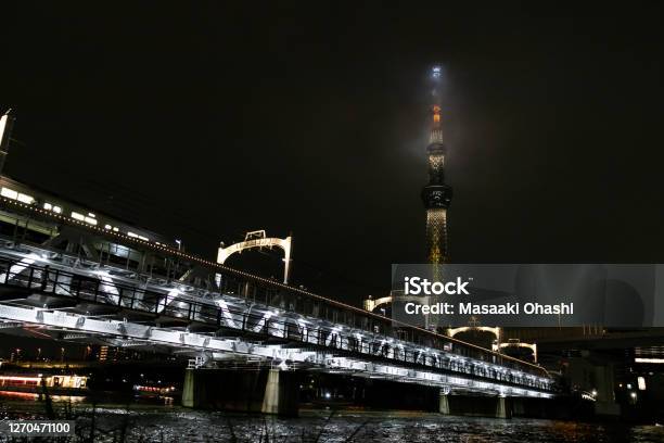 Railway Bridge And Tokyo Sky Tree Taito Ward Tokyo Japan Stock Photo - Download Image Now