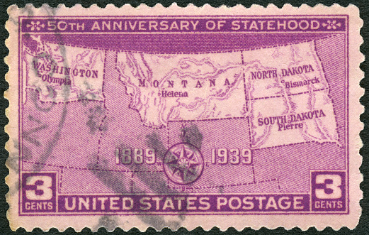 Postage stamp printed in USA shows Map, 50th Anniversary of Statehood Issue, 1939